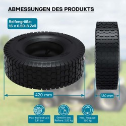 Ajettavan ruohonleikkurin rengas 16x6.50-8 4 PR, sisärengas ja suora venttiili