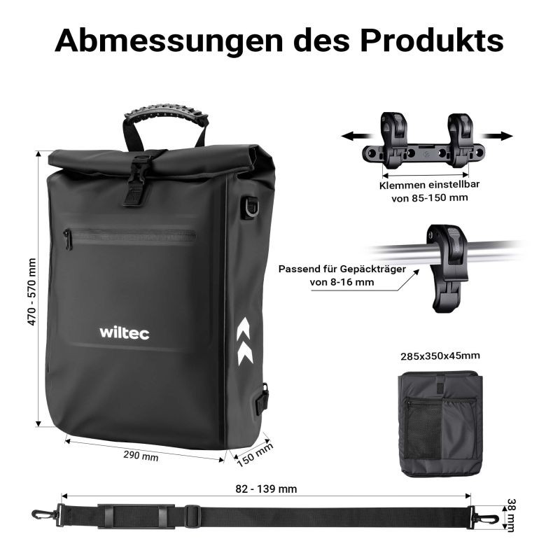 3-in-1 Pyörälaukku ja reppu, 25 l, musta, vedenkestävä, läppäritaskulla