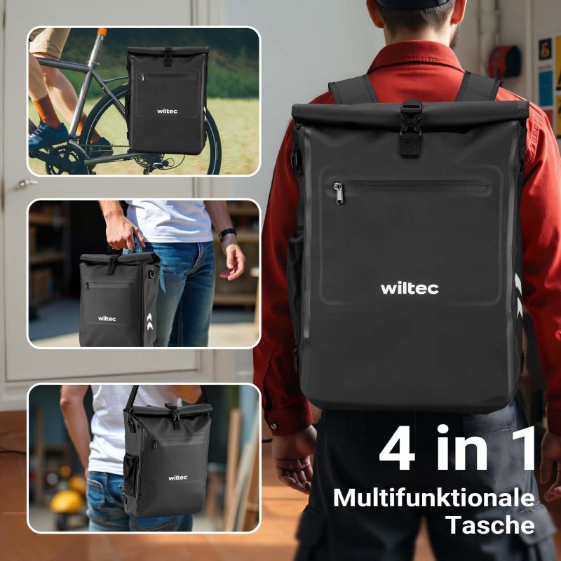 3-in-1 Pyörälaukku ja reppu, 25 l, musta, vedenkestävä, läppäritaskulla