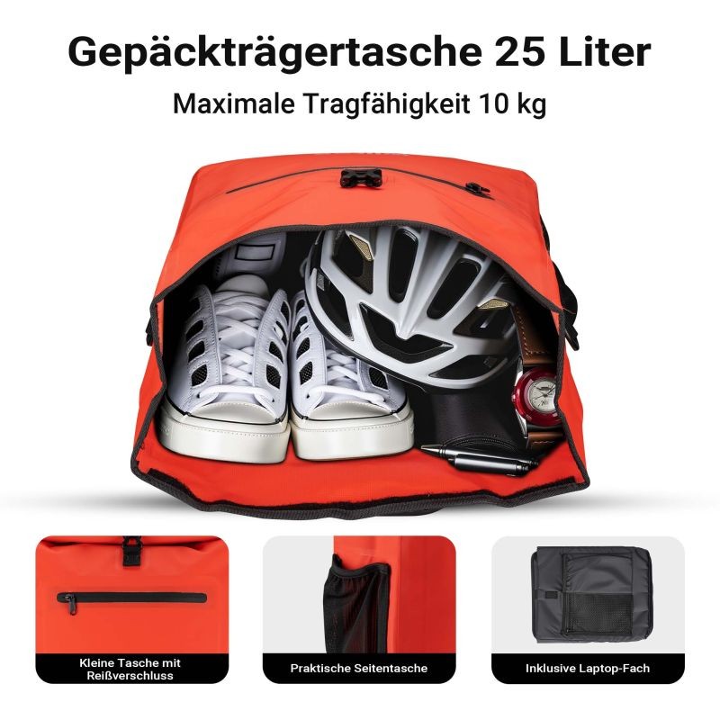 3-in-1 Pyörälaukku ja reppu, 25 l, punainen, vedenhylkivä, läppäritaskulla