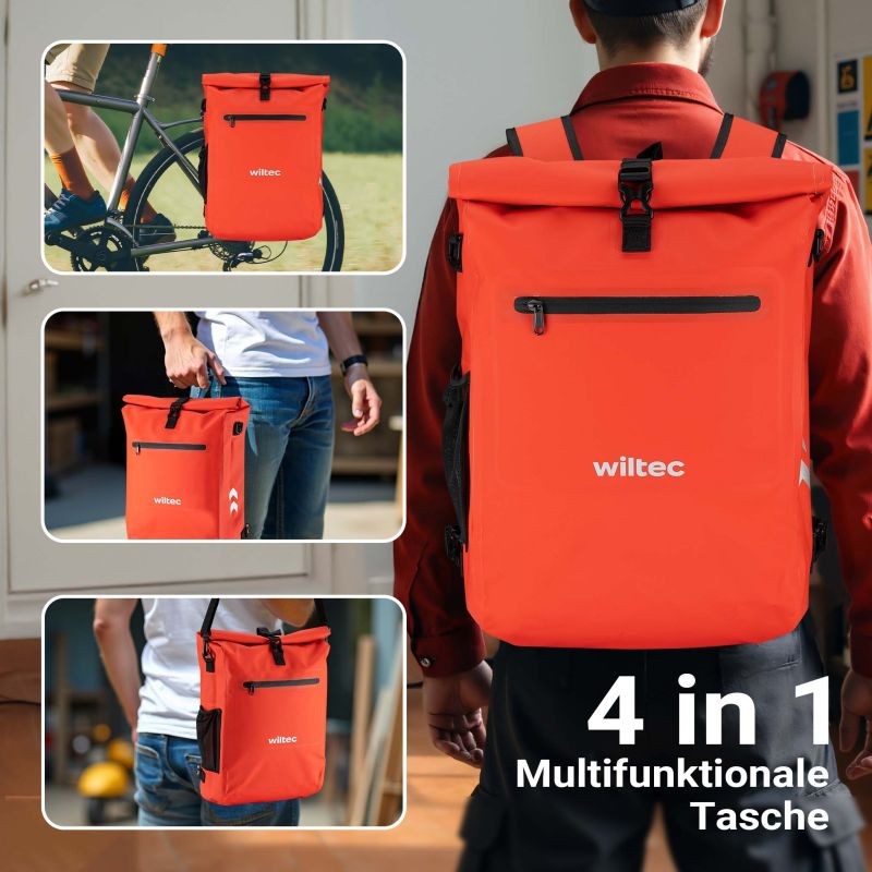 3-in-1 Pyörälaukku ja reppu, 25 l, punainen, vedenhylkivä, läppäritaskulla