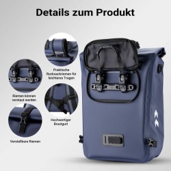 3-in-1 Pyörälaukku ja reppu, 25 l, sininen, läppäritasku, vedenhylkivä