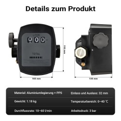 Virtausmittari dieselille, rypsiöljylle ja lämmitysöljylle, 10-60 l/min, 3 bar, 32 mm, 1 % poikkeama