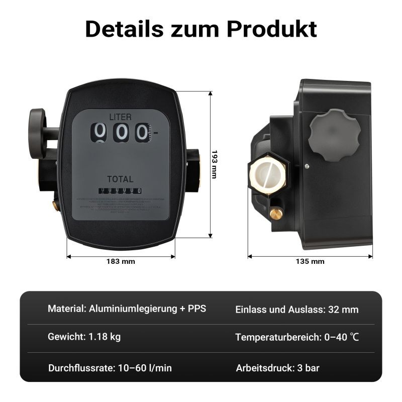 Virtausmittari dieselille, rypsiöljylle ja lämmitysöljylle, 10-60 l/min, 3 bar, 32 mm, 1 % poikkeama