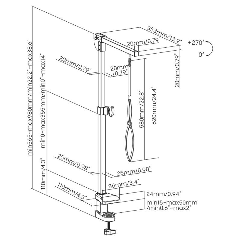 Fudajo Trimmauspöydän varsi, ruostumaton teräs, korkeus 565–980 mm, kiinnitin 15–50 mm, silmukalla