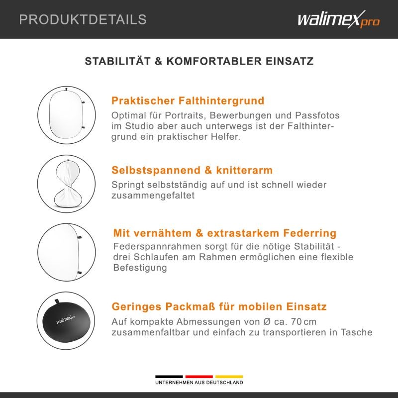 Walimex pro Taitettava valkoinen fototausta 150 x 200 cm, kuljetuspussilla ja kiinnityslenkillä
