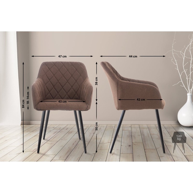 Moderni pehmustettu ruokailutuolipari käsinojilla ja metallirungolla