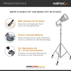 Walimex pro Stativrollen Pro jalustapyörät 3 kpl, Ø 75 mm, lukitusjarrut, 18-22 mm jaloille, harmaa