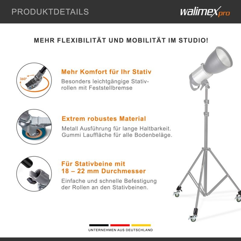 Walimex pro Stativrollen Pro jalustapyörät 3 kpl, Ø 75 mm, lukitusjarrut, 18-22 mm jaloille, harmaa