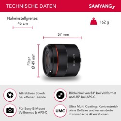 Samyang AF 45mm f/1.8 FE -kiinteä polttovälin objektiivi Sony E-mountille, täyskenno ja APS-C