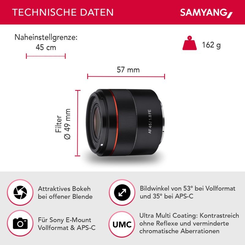 Samyang AF 45mm f/1.8 FE -kiinteä polttovälin objektiivi Sony E-mountille, täyskenno ja APS-C