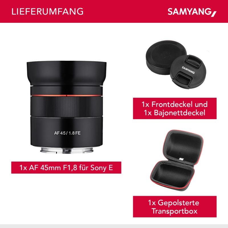 Samyang AF 45mm f/1.8 FE -kiinteä polttovälin objektiivi Sony E-mountille, täyskenno ja APS-C