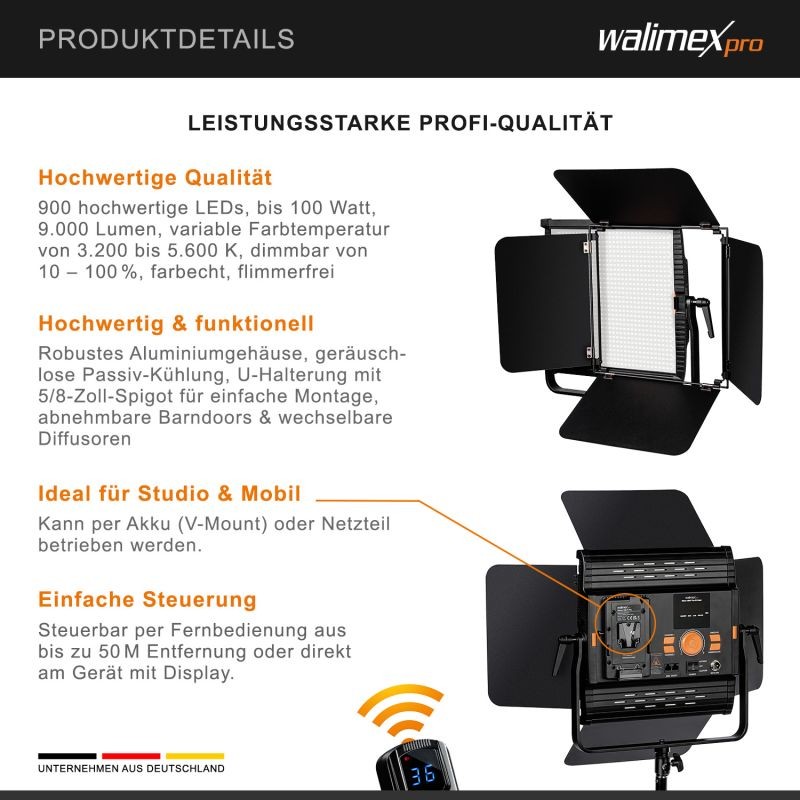 Walimex pro Niova 100-F Pro 100W Bi-Color LED-paneelivalaisin, himmennettävä studiovalaisin kaukosäätimellä