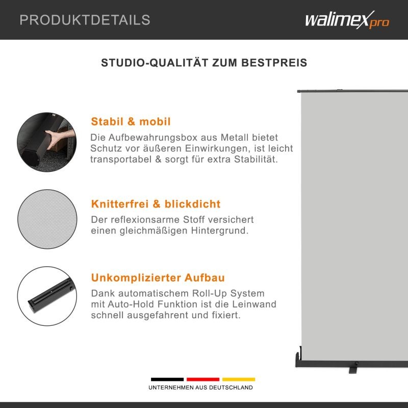 Walimex pro rullattava taustajärjestelmä harmaa 210 x 220 cm, kuljetuslaatikolla