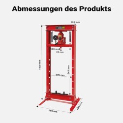 Hydraulinen prässi 20 t, 500 mm, teräs, painemittari, punainen