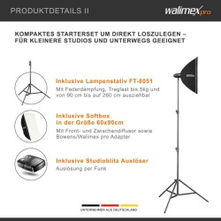 Walimex pro Newcomer 300 II studiosalamisetti 300 W/s, softbox 60x90 cm ja valojalusta