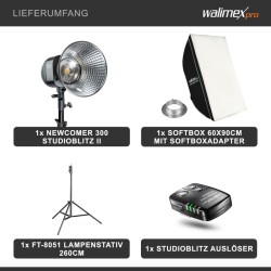 Walimex pro Newcomer 300 II studiosalamisetti 300 W/s, softbox 60x90 cm ja valojalusta