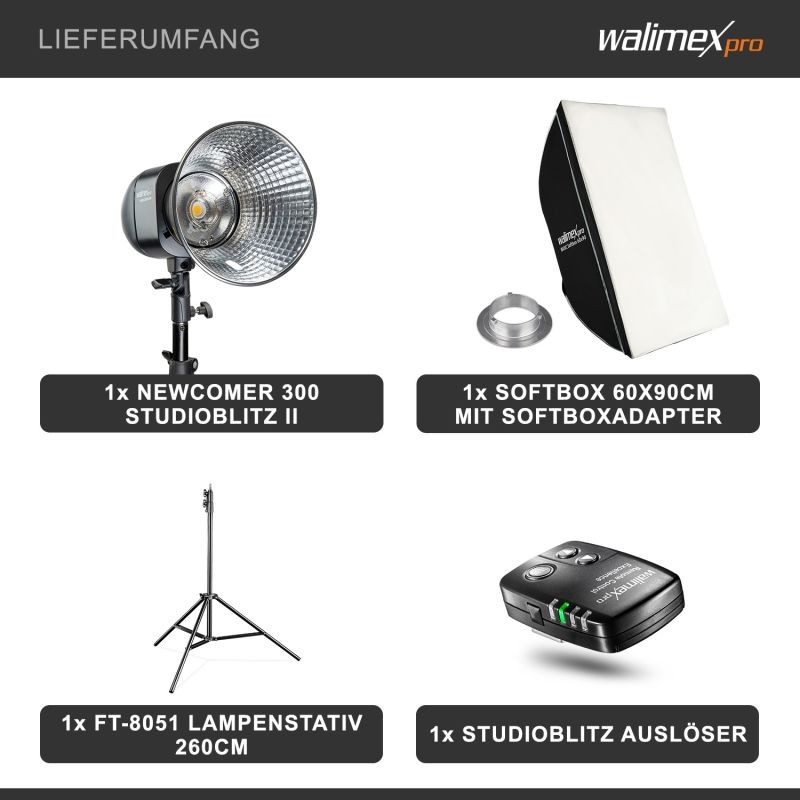 Walimex pro Newcomer 300 II studiosalamisetti 300 W/s, softbox 60x90 cm ja valojalusta