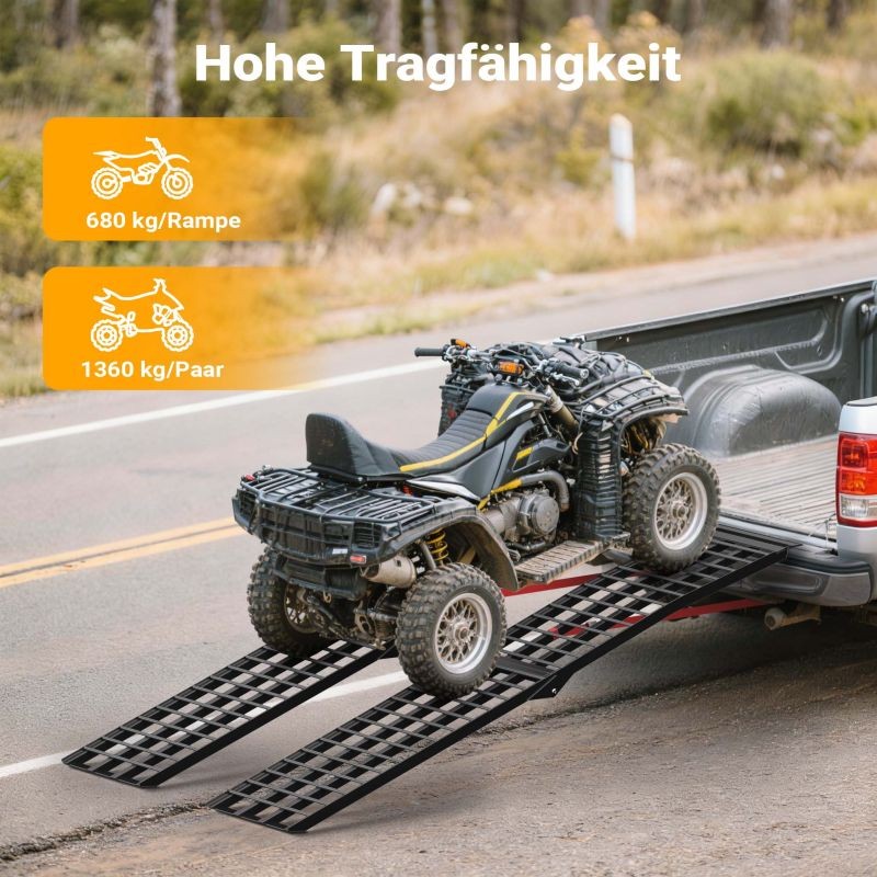 Taitettava alumiininen lastausramppi 275 cm 680 kg, musta, moottoripyörille, mönkijöille ja ATV:lle