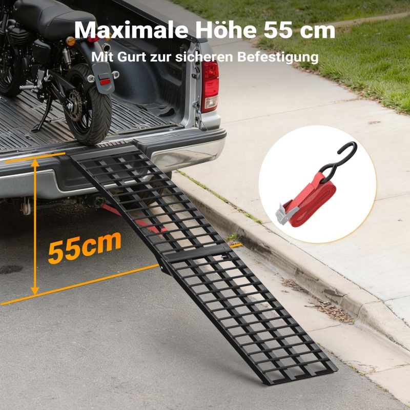 Taitettava alumiininen lastausramppi 275 cm 680 kg, musta, moottoripyörille, mönkijöille ja ATV:lle