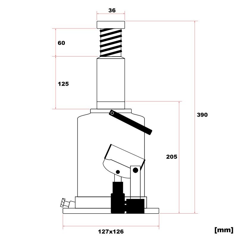 Hydraulinen pullonostin 10 t, 205–390 mm, hallittu laskutoiminto, musta