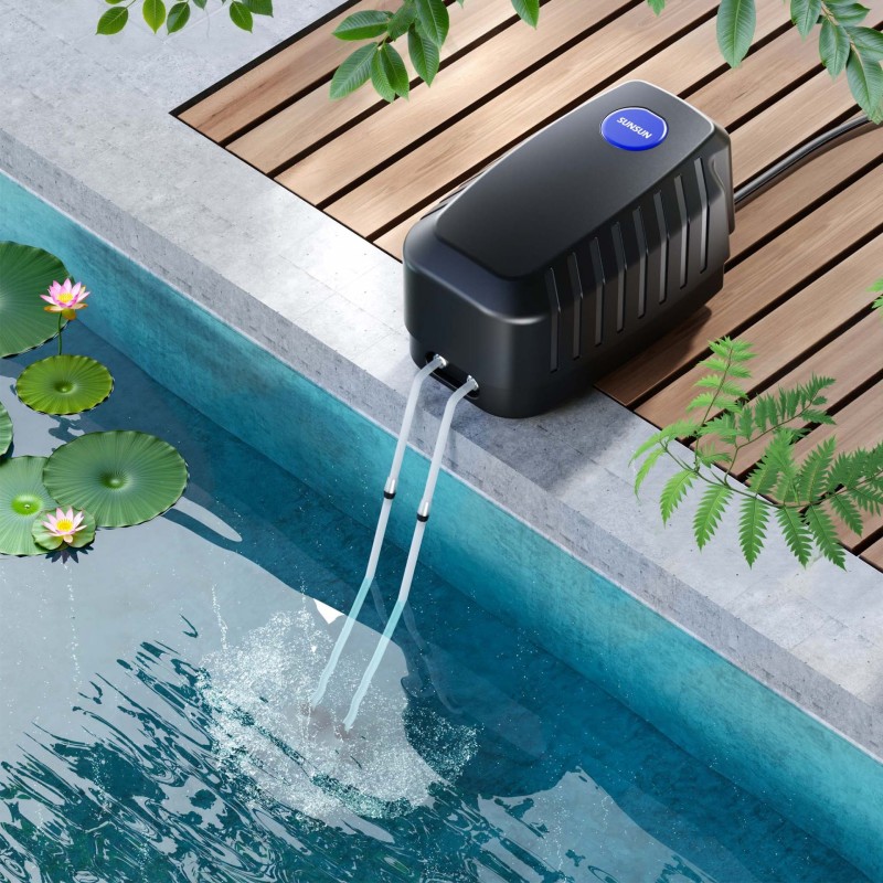 SunSun CAP-20 happipumppu 8 W, 8 m³ akvaario ja lampi, 13 l/min, 4 ilmaulostuloa, 2 ilmaukiveä, 2 takaiskuventtiiliä