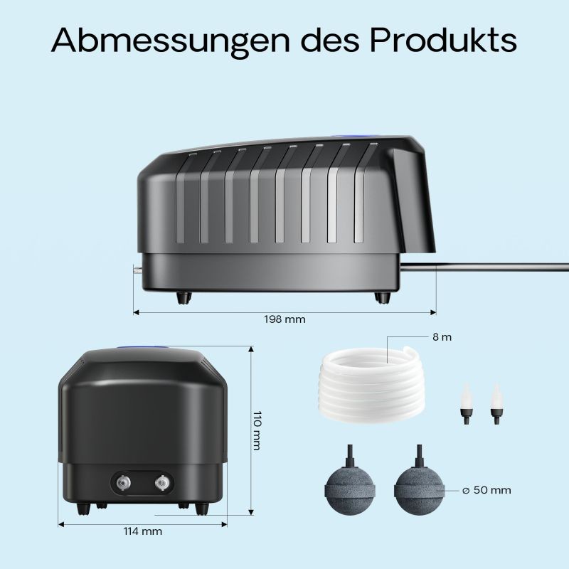 SunSun CAP-20 happipumppu 8 W, 8 m³ akvaario ja lampi, 13 l/min, 4 ilmaulostuloa, 2 ilmaukiveä, 2 takaiskuventtiiliä