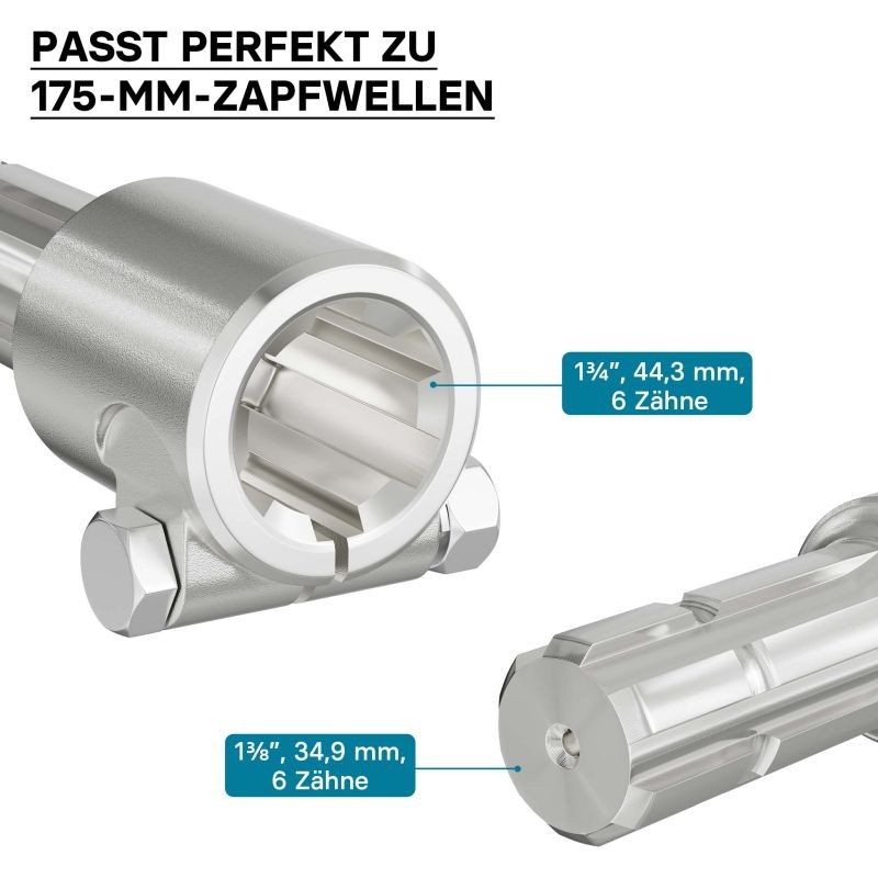 PTO-adapteriholkki 175 mm, 45,5 mm / 34,87 mm, 6 uraa / 6 hammasta, AISI 1045 -teräs