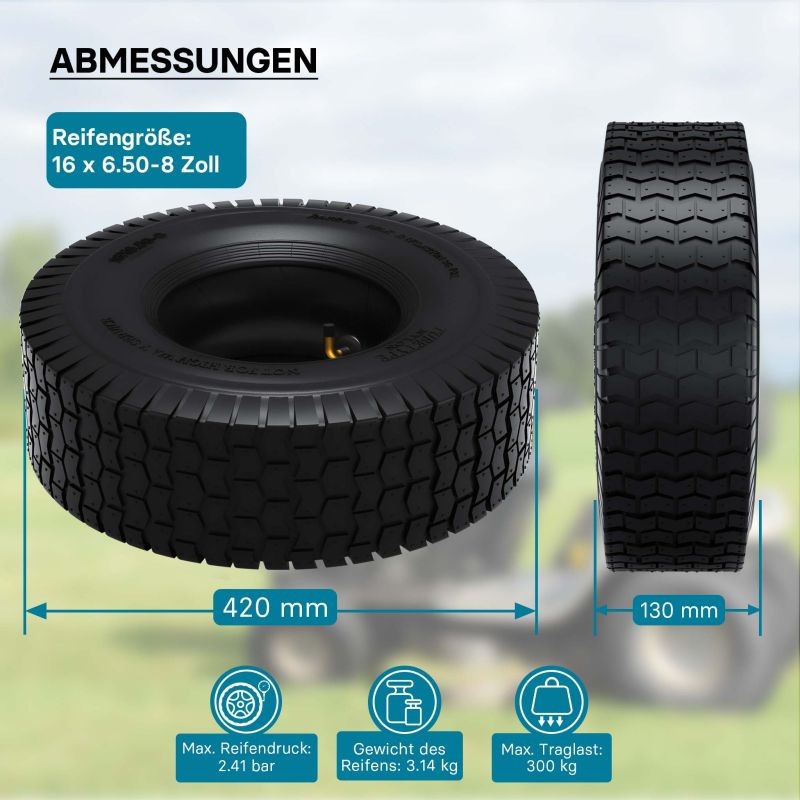 Rengassarja ratsastajaleikkurille 16x6.50-8 4 PR, sisärengas ja kulmaventtiili