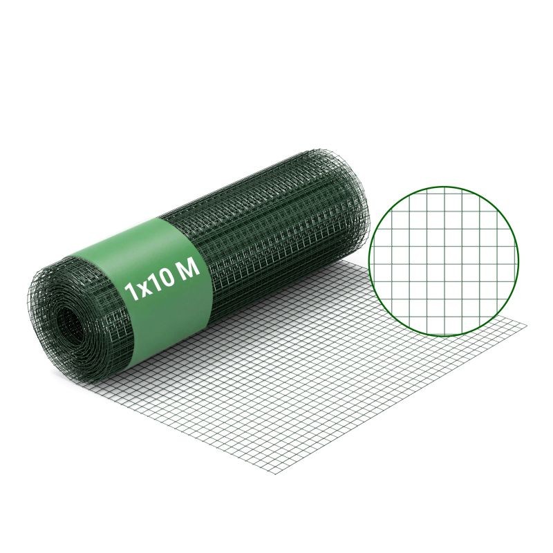 Vihreä PVC-pinnoitettu teräsverkko 1 x 10 m, 12 x 12 mm, 0,9 mm