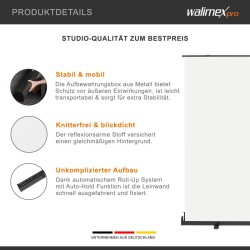 Walimex pro rullattava taustaseinä valkoinen 210 x 220 cm, kuljetuslaatikolla