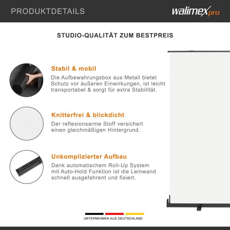 Walimex pro rullattava taustaseinä valkoinen 210 x 220 cm, kuljetuslaatikolla