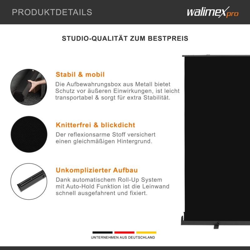 Walimex pro Rullattava taustajärjestelmä musta 210 x 220 cm, kuljetuslaatikolla