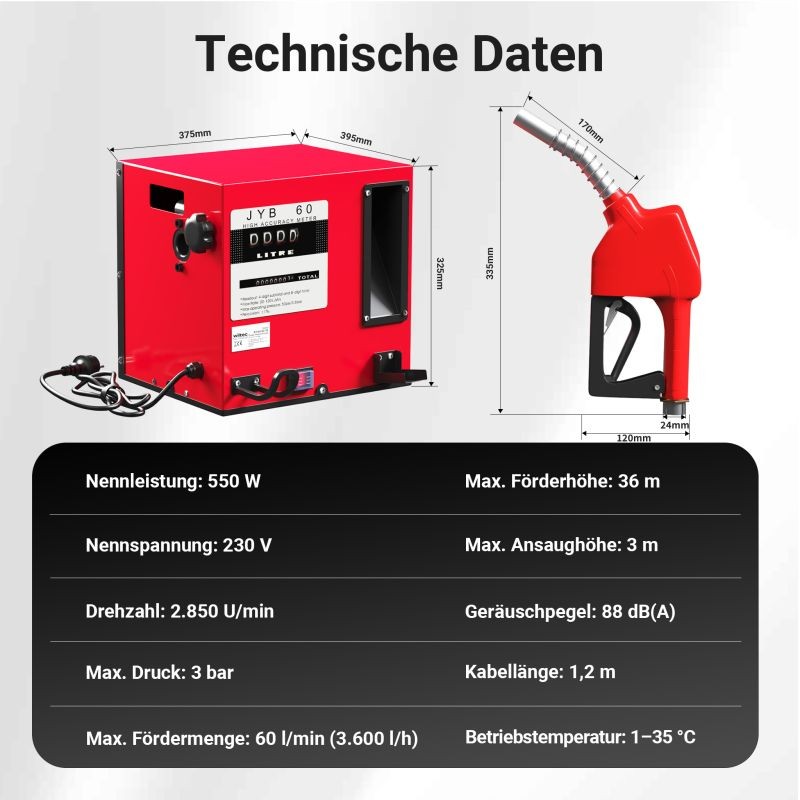 Diesel- ja lämmitysöljypumppu 60 l/min 230V 550W, itseimevä, seinäasennus, automaattinen katkaisupistooli