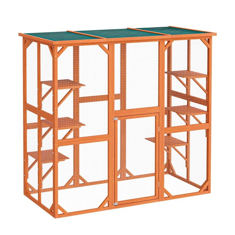 Ulkohäkkisetti kissoille 168 x 82 x 166,5 cm, 6 tasoa, kuusipuu, bitumikatto, ruskea