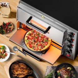 Sähköinen pizzauuni 3000 W, kaksitasoinen, kordierittikivellä, ruostumaton teräs