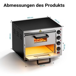 Sähköinen pizzauuni 3000 W, kaksitasoinen, kordierittikivellä, ruostumaton teräs