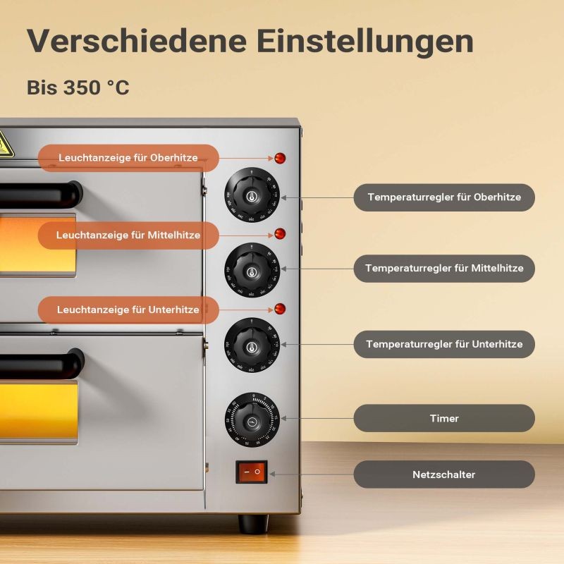 Sähköinen pizzauuni 3000 W, kaksitasoinen, kordierittikivellä, ruostumaton teräs