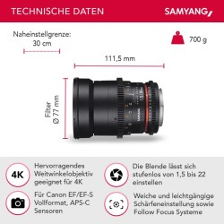 Samyang 35mm f/1.5 Video DSLR II -objektiivi Canon EF, manuaalinen tarkennus, musta