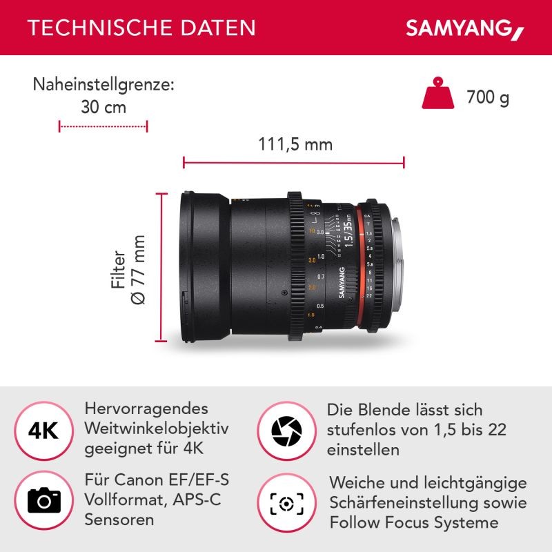 Samyang 35mm f/1.5 Video DSLR II -objektiivi Canon EF, manuaalinen tarkennus, musta