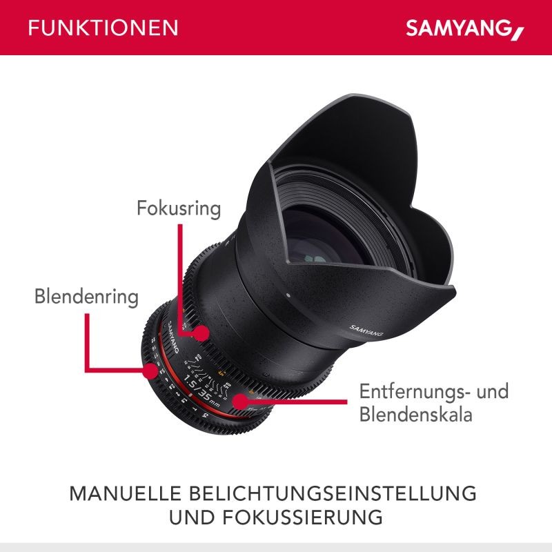Samyang 35mm f/1.5 Video DSLR II -objektiivi Canon EF, manuaalinen tarkennus, musta