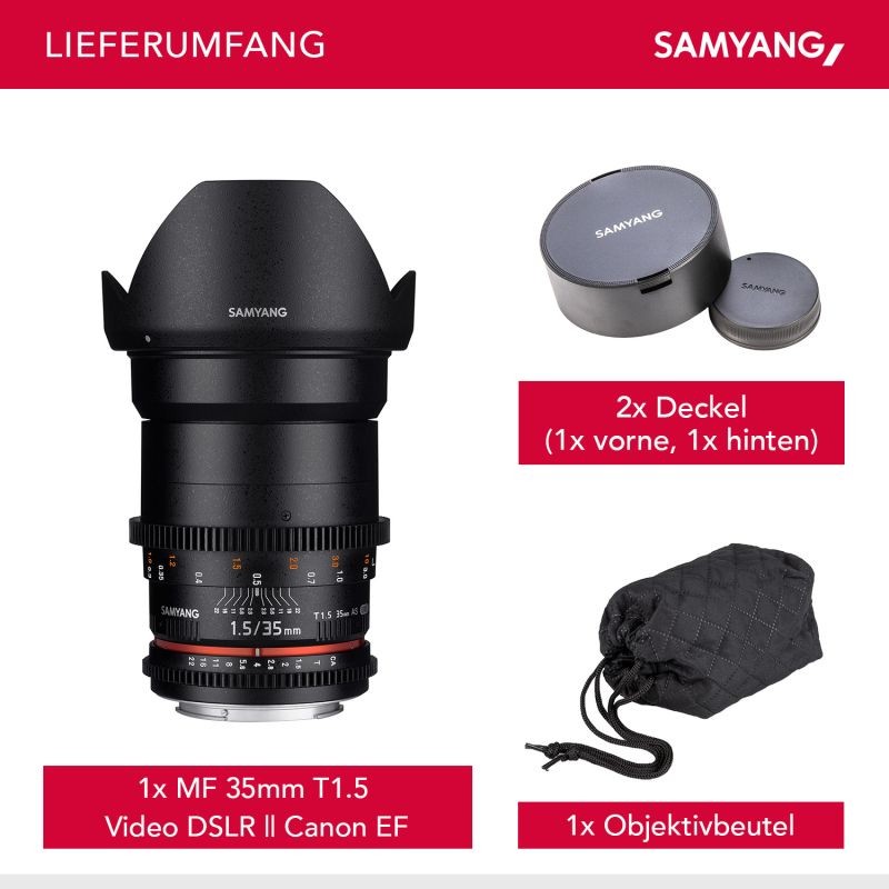 Samyang 35mm f/1.5 Video DSLR II -objektiivi Canon EF, manuaalinen tarkennus, musta