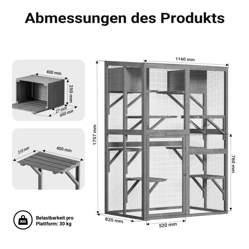 Kissojen ulkohäkki, kuusipuu, PVC-pinnoite, 116 x 82 x 175,7 cm, harmaa