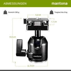 Mantona Scout XL kuulapää jalustalle, max. kuormitus 6 kg, pikavapautuslevyllä ja adapterilla