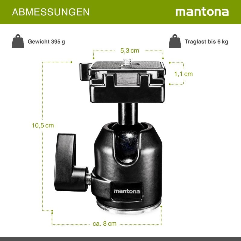 Mantona Scout XL kuulapää jalustalle, max. kuormitus 6 kg, pikavapautuslevyllä ja adapterilla