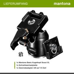 Mantona Scout XL kuulapää jalustalle, max. kuormitus 6 kg, pikavapautuslevyllä ja adapterilla