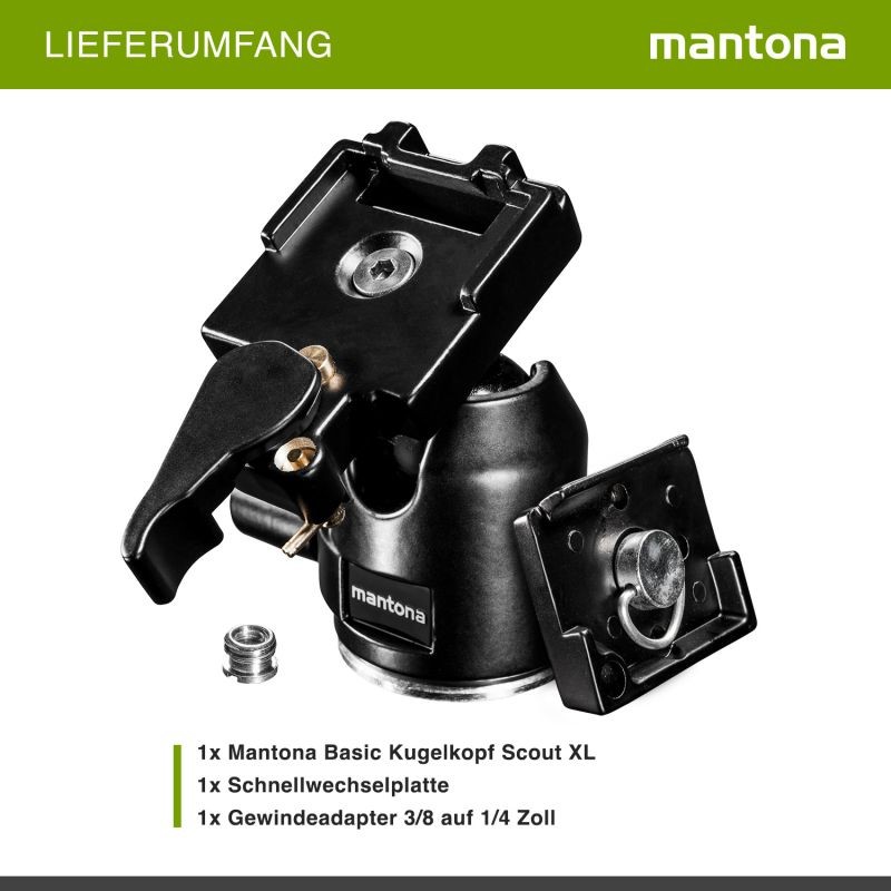 Mantona Scout XL kuulapää jalustalle, max. kuormitus 6 kg, pikavapautuslevyllä ja adapterilla