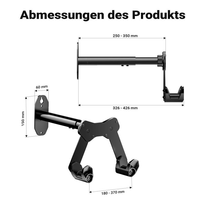 Polkupyöräteline seinään, musta, teräs, 45° säädettävä kulma, Ø 55 mm, 25 kg, 39,8 x 16,7 x 32,6-42,6 cm