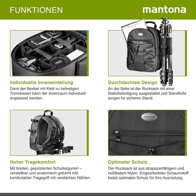 Mantona Azurit kamerareppu, musta, DSLR- ja peilittömille kameroille, jopa 5 objektiivia, jalustakiinnike
