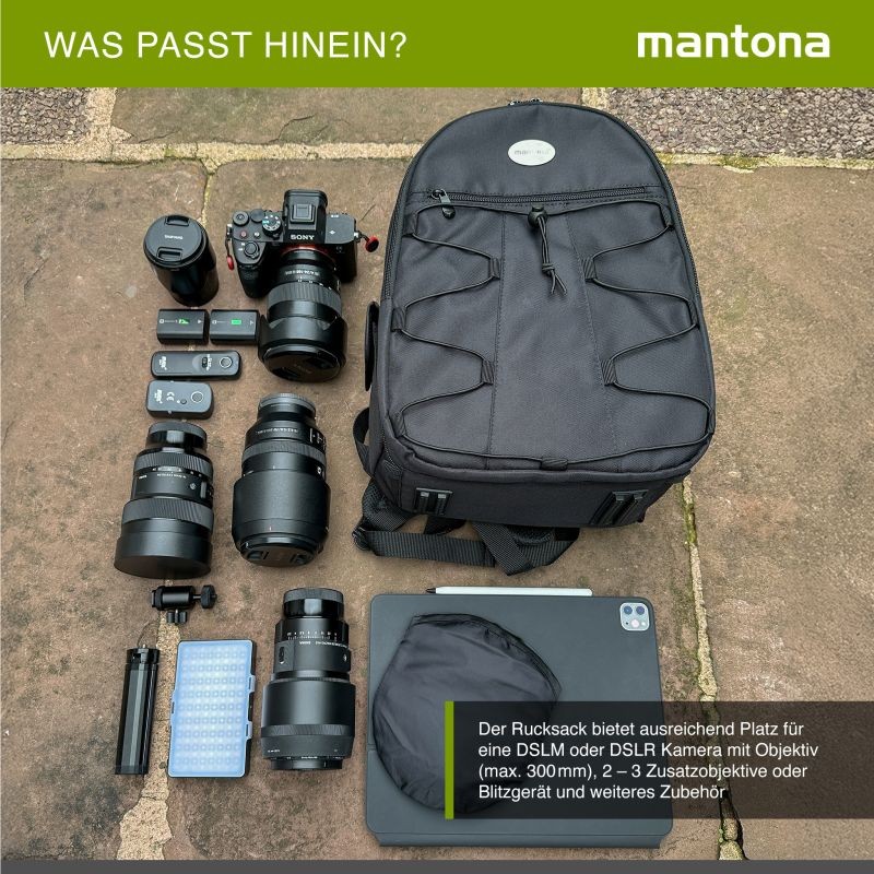 Mantona Azurit kamerareppu, musta, DSLR- ja peilittömille kameroille, jopa 5 objektiivia, jalustakiinnike